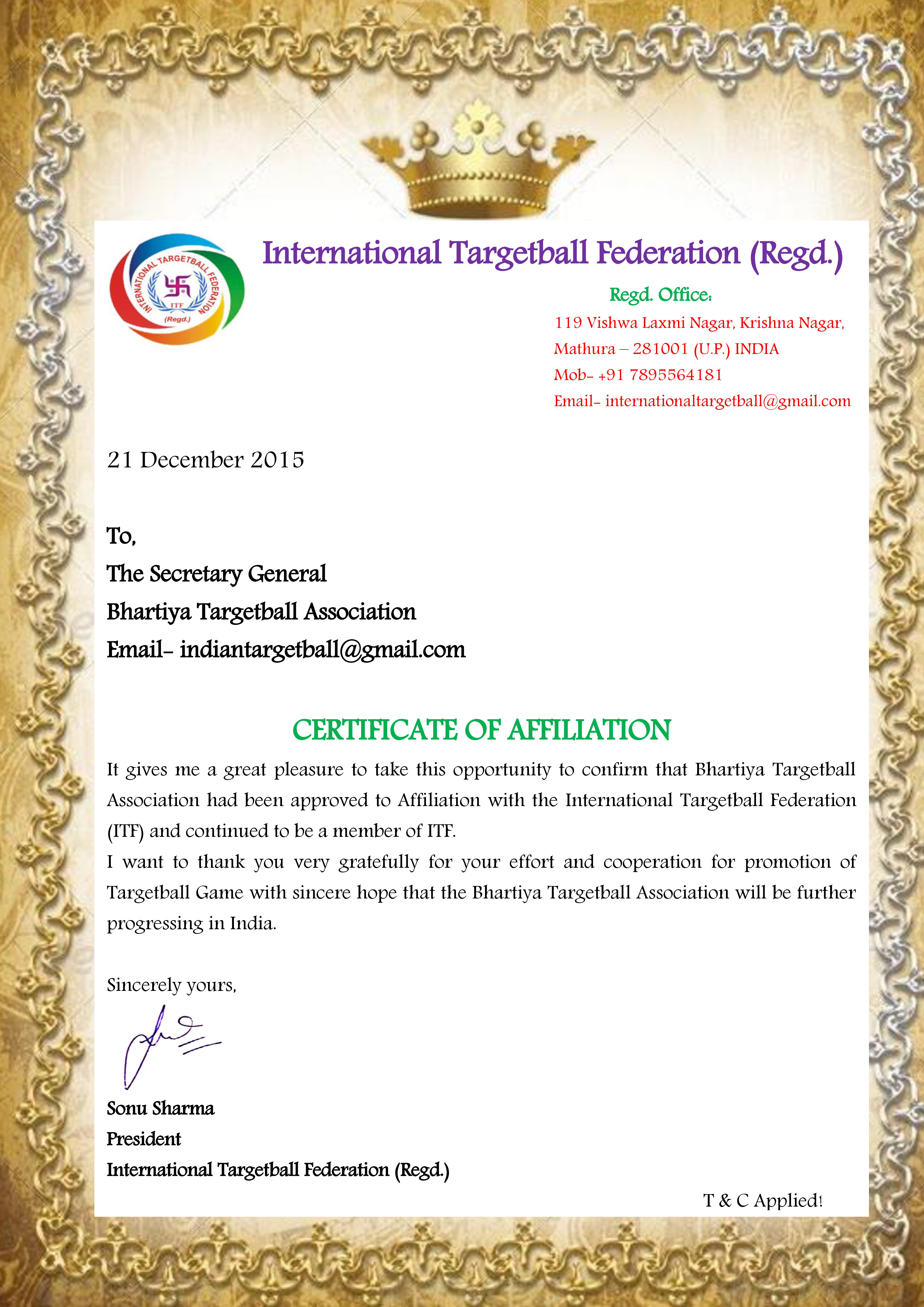 International Targetball Federation Affiliation Letter